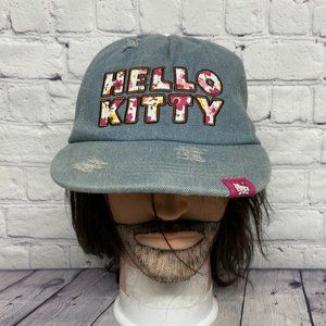 Hello Kitty Distressed Hat Cap Strap Back Blue Sanrio Embroidered Spell Out